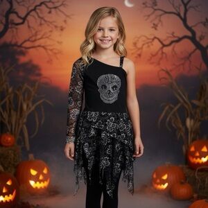 Girls Gothic Embroidered‎ Black Skull Costume Dress Halloween Size 7-8